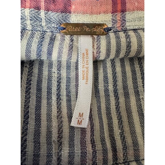 Free People Plaid Button Front Shirt Medium Blue Red Long Sleeve Western Top - Picture 3 of 9